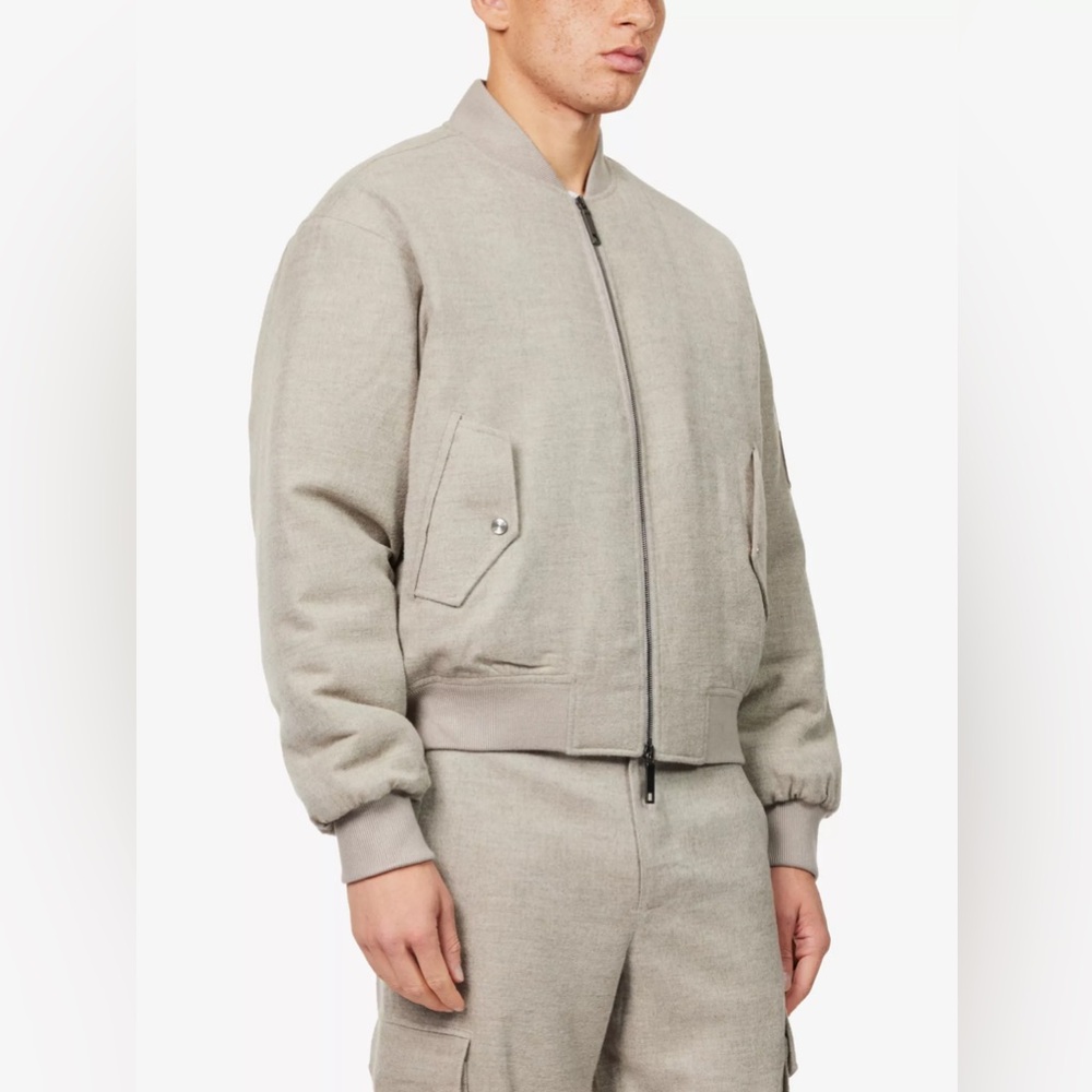 Varsity-Style Men's Bassi Bomber Jacket in Beige Gray